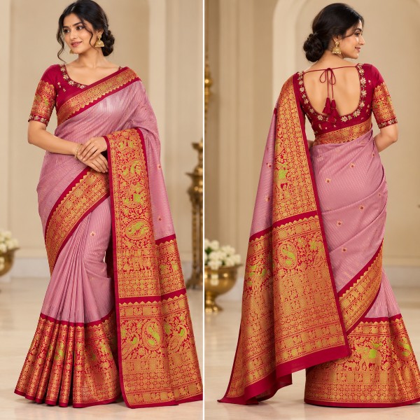 Gadwal Saree - Premium (Onion Pink + Stitched blouse with Maggam work)