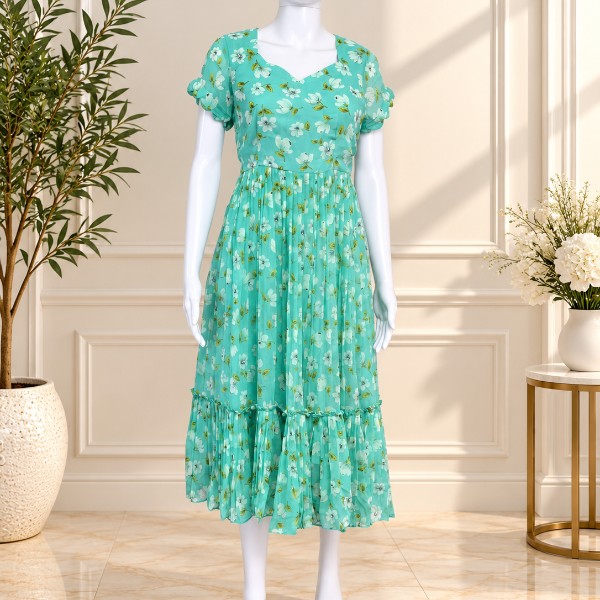 Pastel Little Flower Floral Frocks - Light Aqua (Size - M )