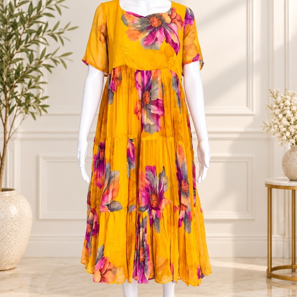 Multicolor Floral Flowy Frock - Mustard Yellow (Size - M)