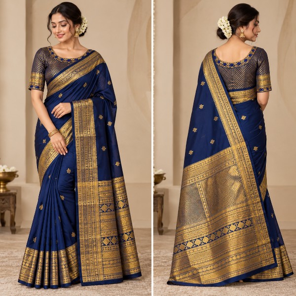Gadwal Saree - Premium (Self Navy Blue + Stitched blouse with Maggam work)