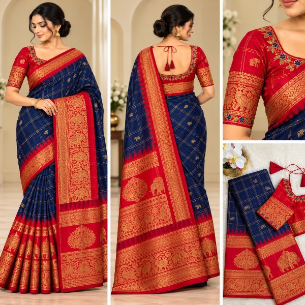 Gadwal Saree - Premium (Navi Blue + Stitched blouse with Maggam work)