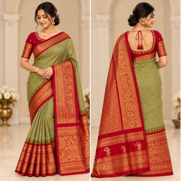 Gadwal Saree - Premium (Creamy Green + Stitched blouse with Maggam work)
