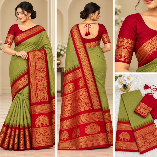 Gadwal Saree - Premium (Creamy Green with Rani pink Border + Designer Stitched blouse)