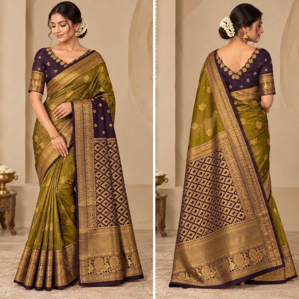 Gadwal Saree - Premium (Mehandi Green + Stitched blouse with Maggam work)