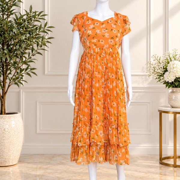 Pastel Little Flower Floral Frocks - Apricot Orange (Size - L )