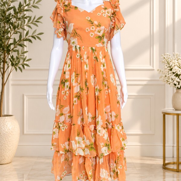 Pastel Flowy Floral Frocks - Peach (Size - M)