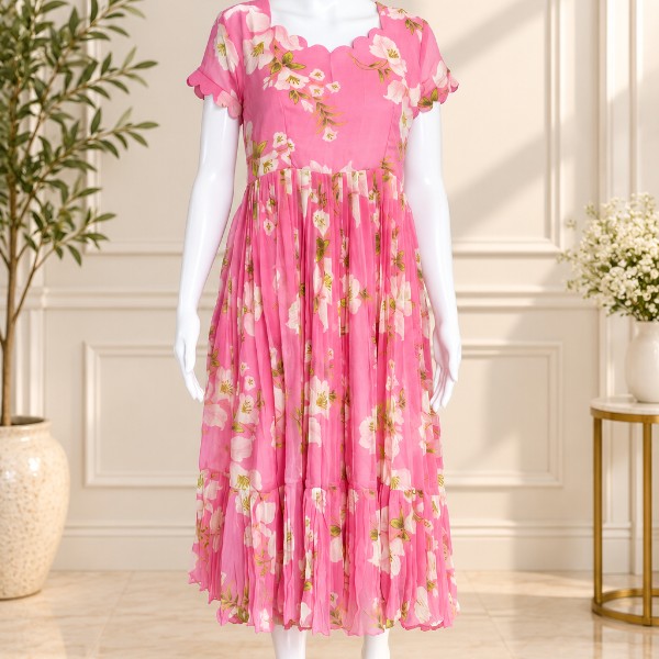 Pastel Flowy Floral Frocks with Applique Design - Bubble gum Pink (Size - M )