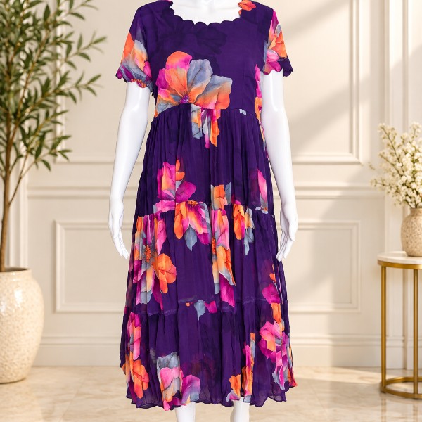 Multicolor Floral Flowy Frock - Dark Purple (Size - L)