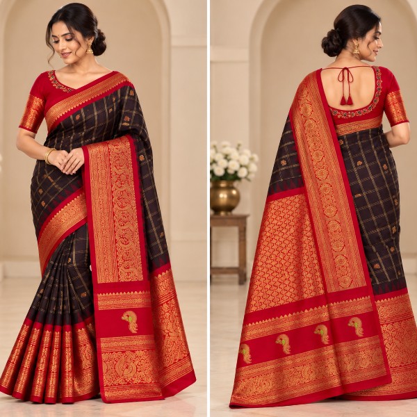 Gadwal Saree - Premium (Brown Chess Lines + Stitched blouse with Maggam work)