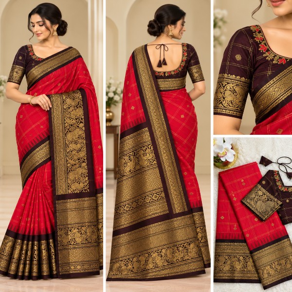 Gadwal Saree - Premium (Mirchi Red + Stitched blouse with Maggam work)