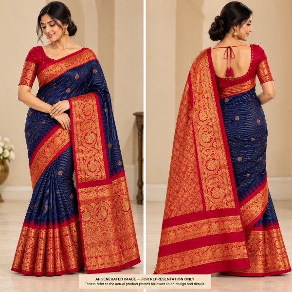 Gadwal Saree - Premium (Blue with think lines + Designer Stitched blouse)