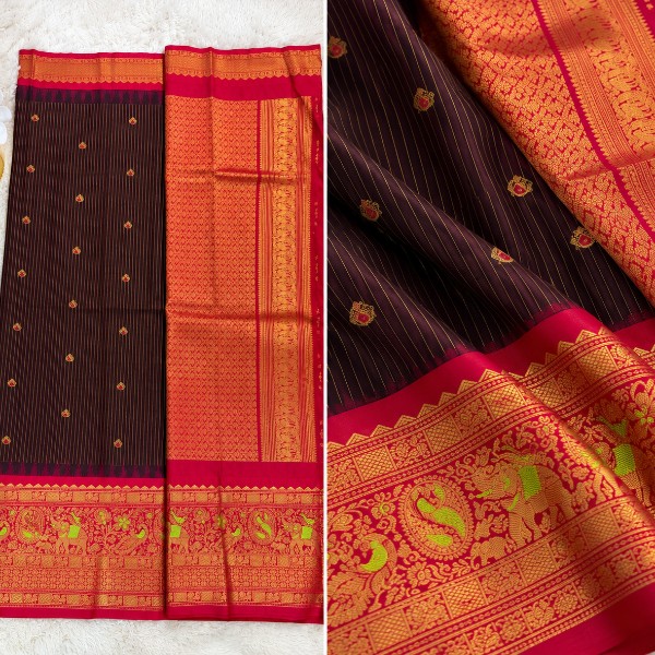 Straight Line Butta Gadwal Saree - Premium ( Brown with Rani pink border + Stitched blouse with Maggam work)