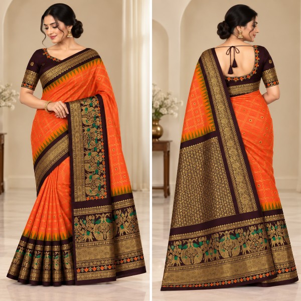 Gadwal Saree - Premium (Dual Shade Orange with Chess Lines + Stitched blouse with Maggam work)
