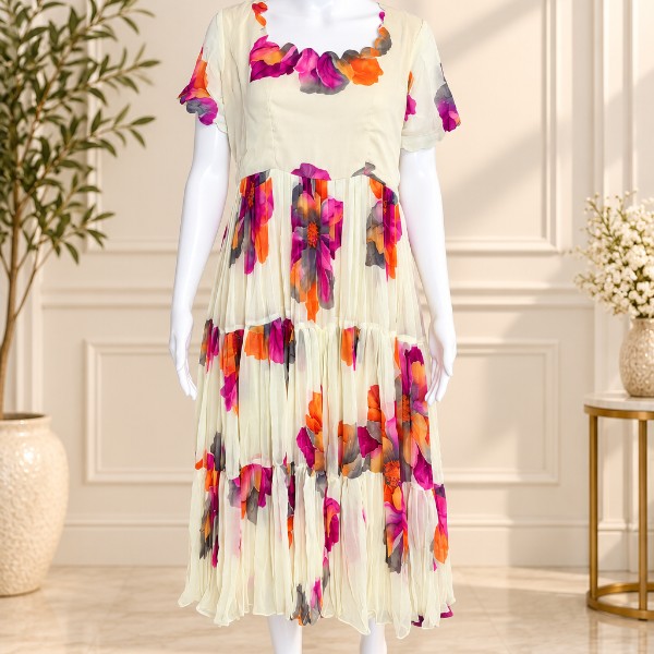 Multicolor Floral Flowy Frock - Creamy White (Size - L)