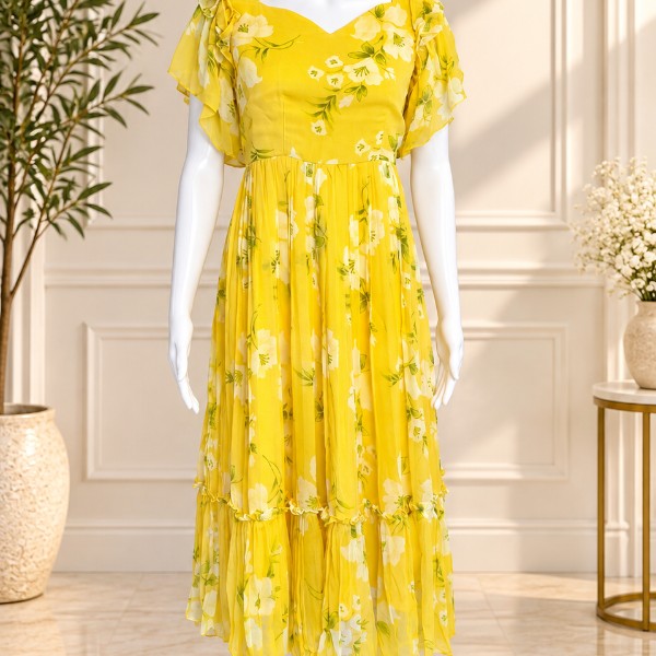 Pastel Flowy Floral Frocks - Creamy Yellow (Size - L)